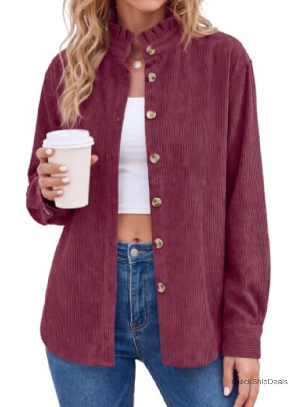 Corduroy Button Down Shirt Long Sleeve Ruffle Collar Blouse